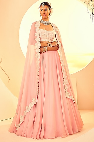 Salmon Pink Organza Sequins Hand Embroidered Cape Set by Aneesh Agarwaal