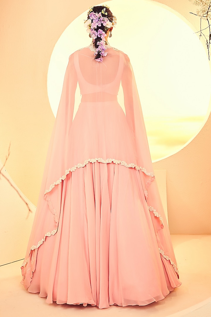 Salmon Pink Organza Sequins Hand Embroidered Cape Set by Aneesh Agarwaal at Pernia's Pop Up Shop