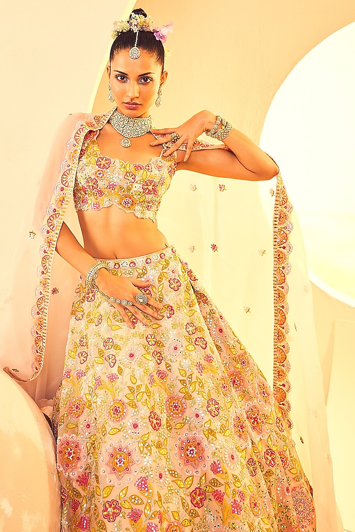 Ivory Organza Sequins & Cutdana Embroidered Bridal Lehenga Set by Aneesh Agarwaal at Pernia's Pop Up Shop