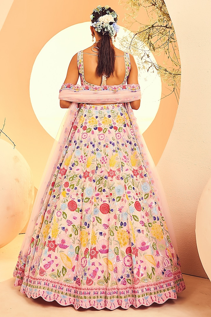 Pink Organza Cutdana & Bead Hand Embroidered Bridal Lehenga Set by Aneesh Agarwaal at Pernia's Pop Up Shop