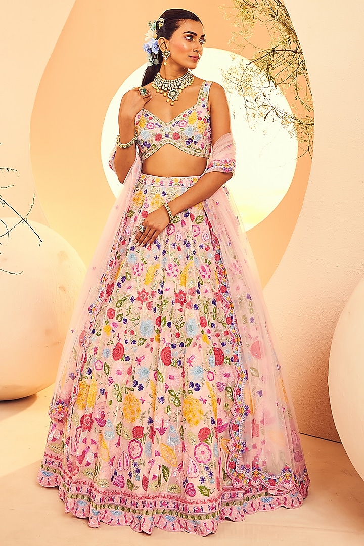 Pink Organza Cutdana & Bead Hand Embroidered Bridal Lehenga Set by Aneesh Agarwaal at Pernia's Pop Up Shop