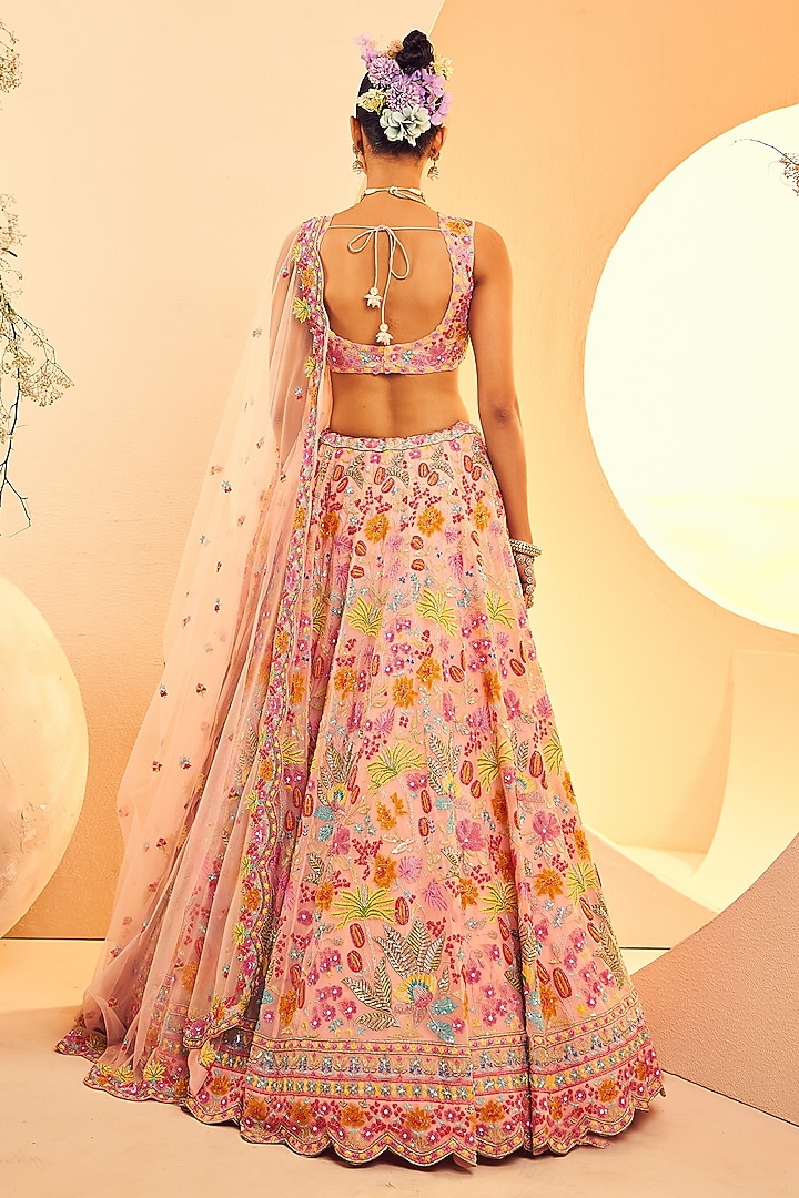 Peach Organza Cutdana & Bead Hand Embroidered Bridal Lehenga Set by Aneesh Agarwaal at Pernia's Pop Up Shop