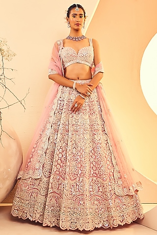 Pink Tulle Mirror & Zari Embroidered Lehenga Set by Aneesh Agarwaal
