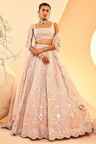 Pink Silk Organza Mirror & Zari Embroidered Lehenga Set by Aneesh Agarwaal