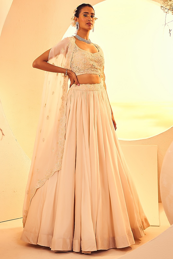 Dull Ivory Organza 3D Floral & Cutdana Hand Embroidered Cape Set by Aneesh Agarwaal at Pernia's Pop Up Shop