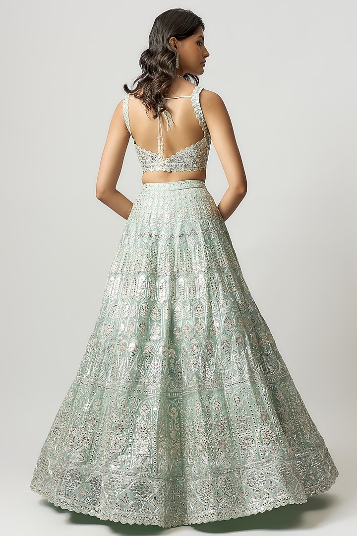 Aqua Organza Sequins Embroidered Bridal Lehenga Set by Aneesh Agarwaal at Pernia's Pop Up Shop