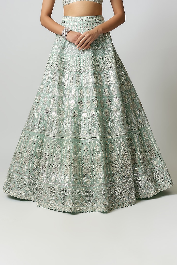 Aqua Organza Sequins Embroidered Bridal Lehenga Set by Aneesh Agarwaal at Pernia's Pop Up Shop