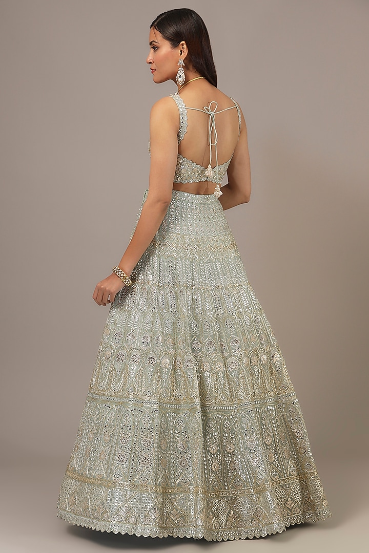 Mint Organza Mirror & Sequins Embroidered Bridal Lehenga Set by Aneesh Agarwaal at Pernia's Pop Up Shop