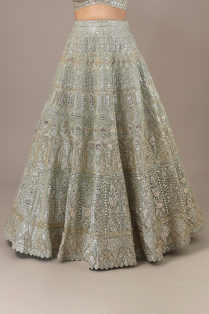 Mint Organza Mirror & Sequins Embroidered Bridal Lehenga Set by Aneesh Agarwaal at Pernia's Pop Up Shop
