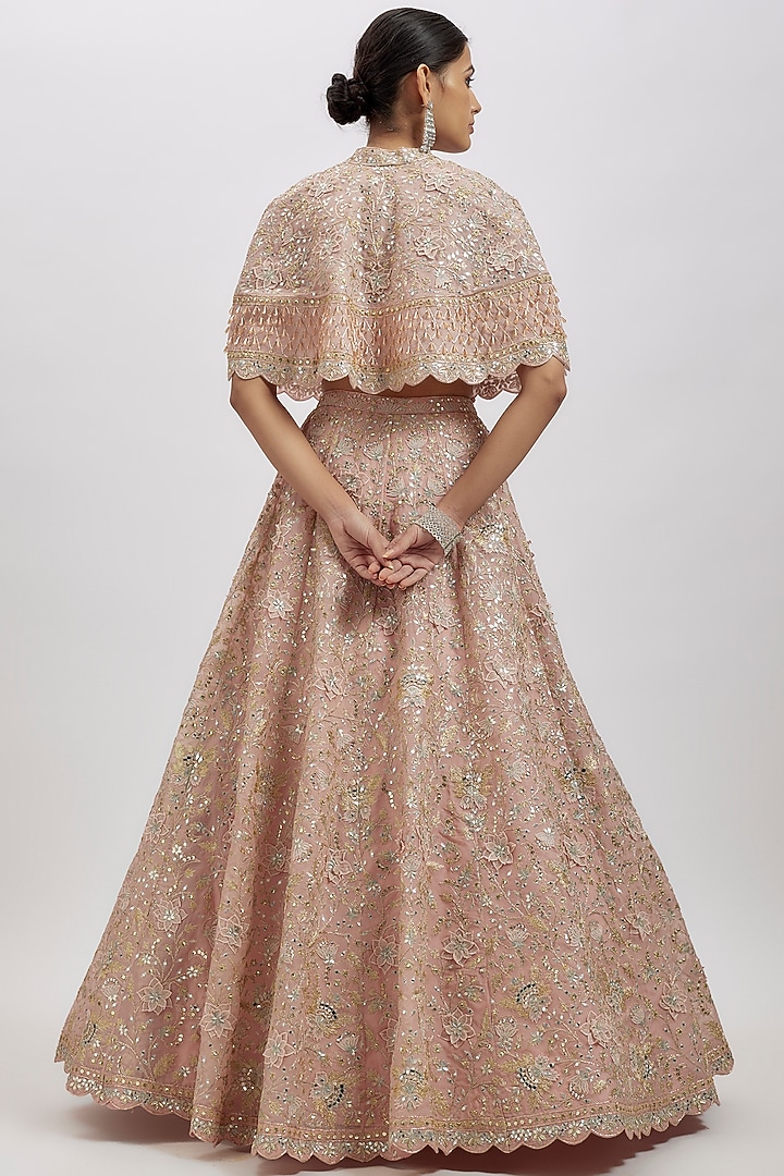 Salmon Pink Organza Jacket Bridal Lehenga Set by Aneesh Agarwaal at Pernia's Pop Up Shop