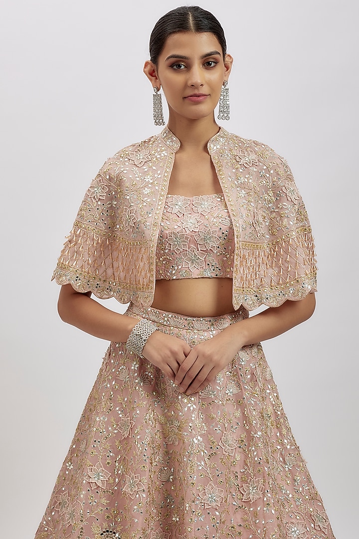 Salmon Pink Organza Jacket Bridal Lehenga Set by Aneesh Agarwaal at Pernia's Pop Up Shop