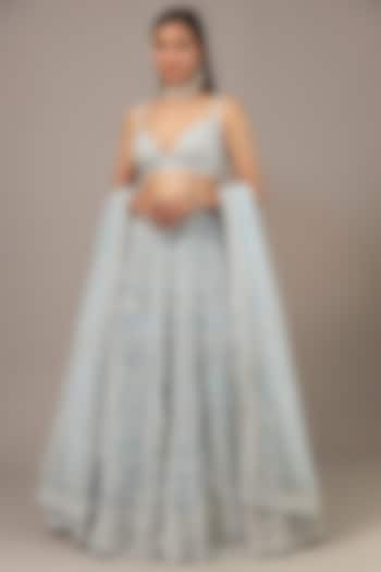 Silver Net Mirror & Zari Embroidered Bridal Lehenga Set by Aneesh Agarwaal at Pernia's Pop Up Shop