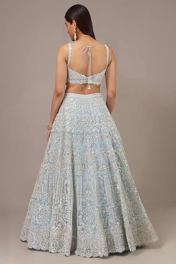 Silver Net Mirror & Zari Embroidered Bridal Lehenga Set by Aneesh Agarwaal at Pernia's Pop Up Shop