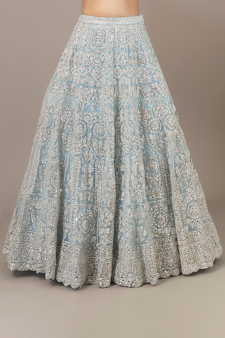 Silver Net Mirror & Zari Embroidered Bridal Lehenga Set by Aneesh Agarwaal at Pernia's Pop Up Shop