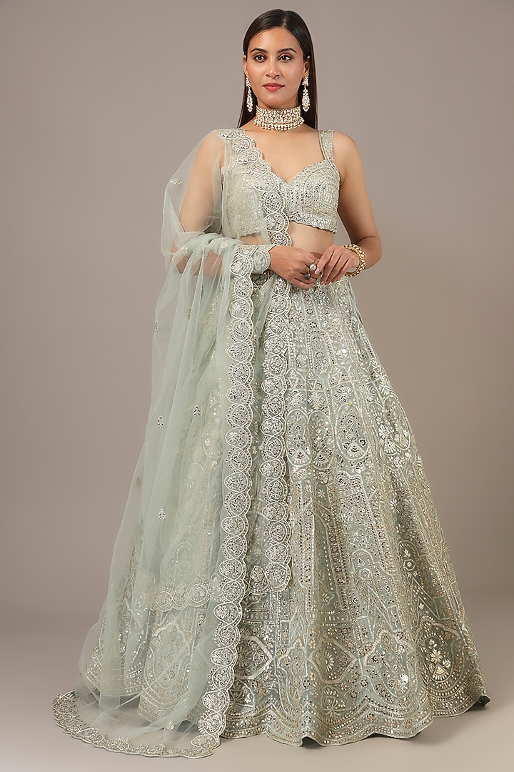 Green Organza Mirror & Zari Embroidered Bridal Lehenga Set by Aneesh Agarwaal at Pernia's Pop Up Shop