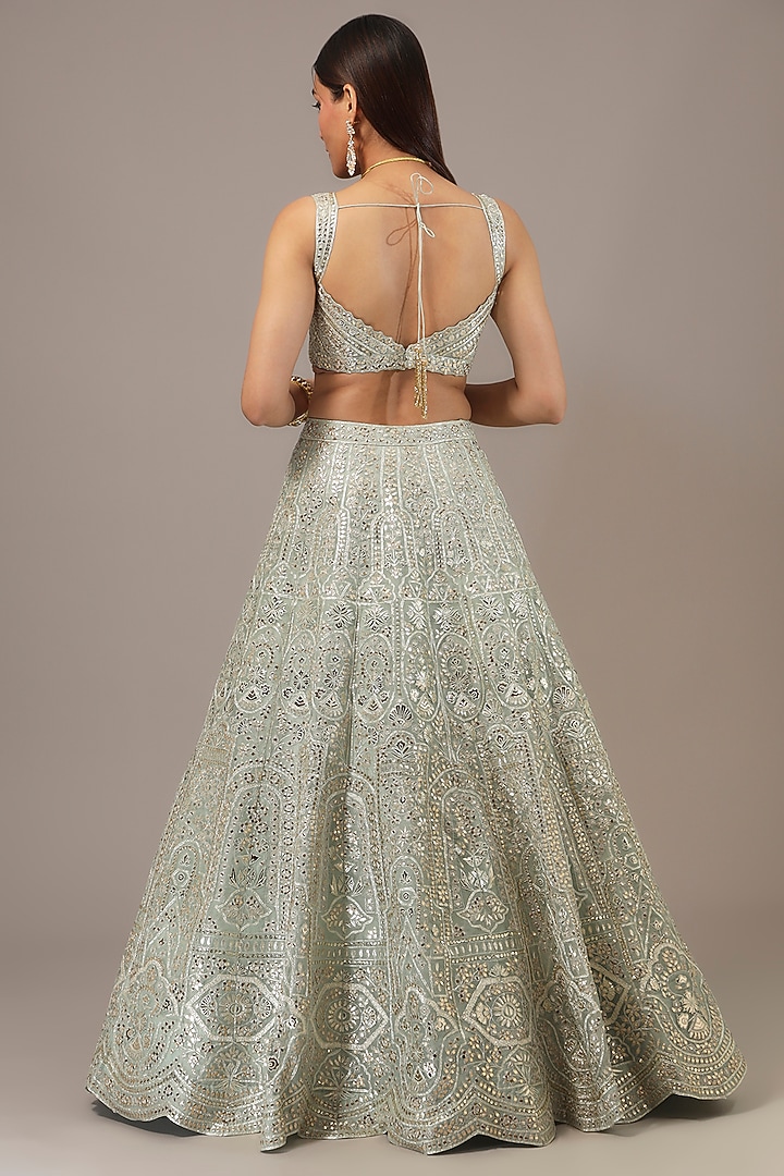 Green Organza Mirror & Zari Embroidered Bridal Lehenga Set by Aneesh Agarwaal at Pernia's Pop Up Shop