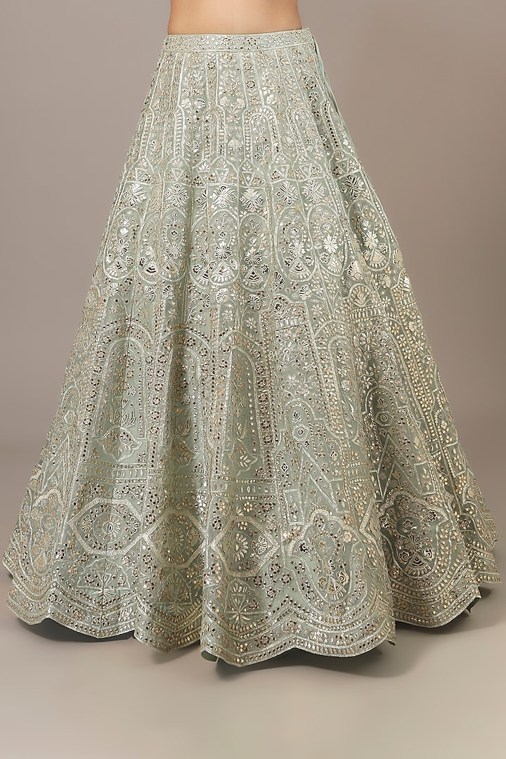 Green Organza Mirror & Zari Embroidered Bridal Lehenga Set by Aneesh Agarwaal at Pernia's Pop Up Shop