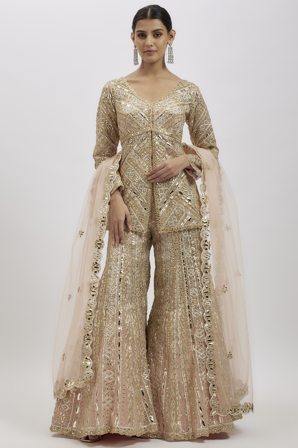 Blush Pink Net Bridal Sharara Set by Aneesh Agarwaal at Pernia's Pop Up Shop