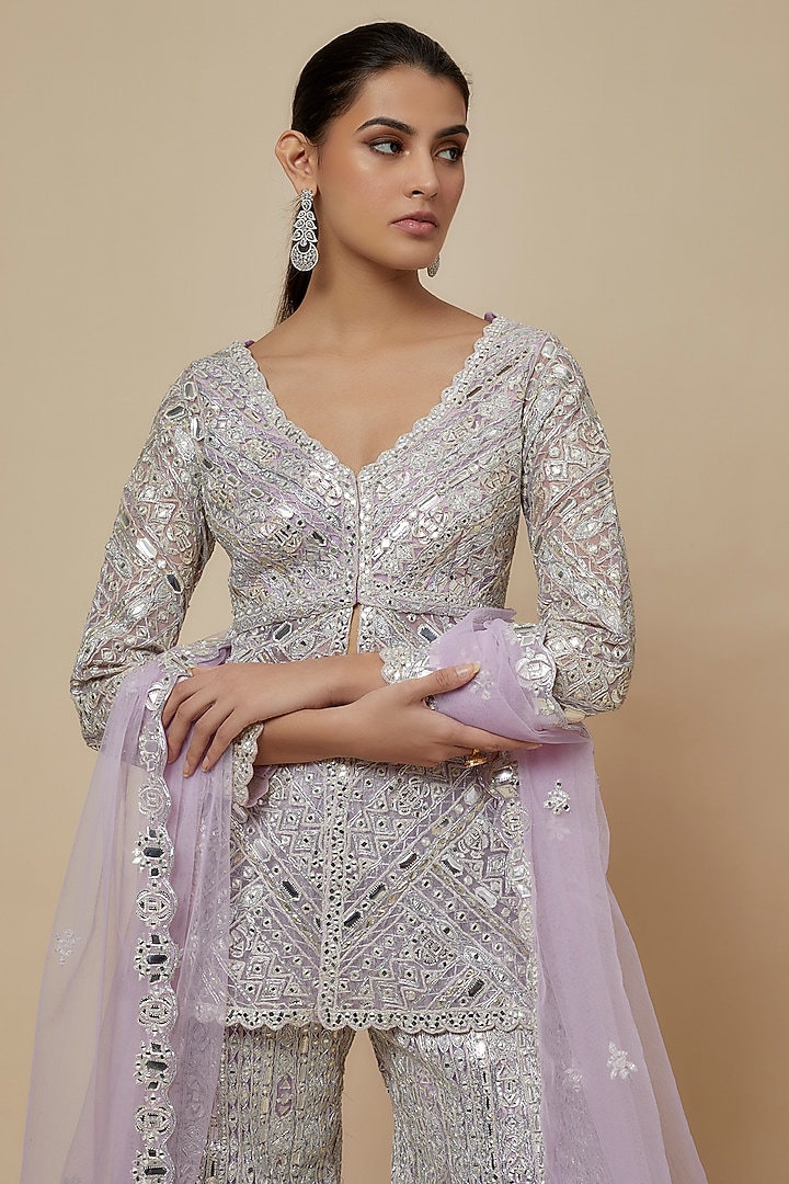 Lilac Net Embroidered Bridal Sharara Set by Aneesh Agarwaal at Pernia's Pop Up Shop