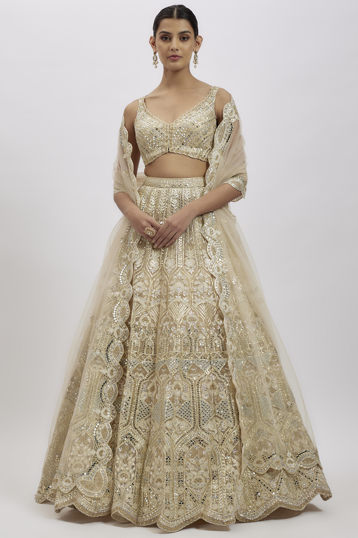 White-Gold Net Bridal Lehenga Set by Aneesh Agarwaal at Pernia's Pop Up Shop