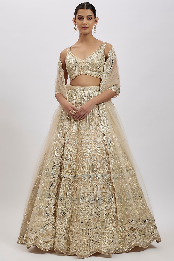 White-Gold Net Bridal Lehenga Set by Aneesh Agarwaal at Pernia's Pop Up Shop