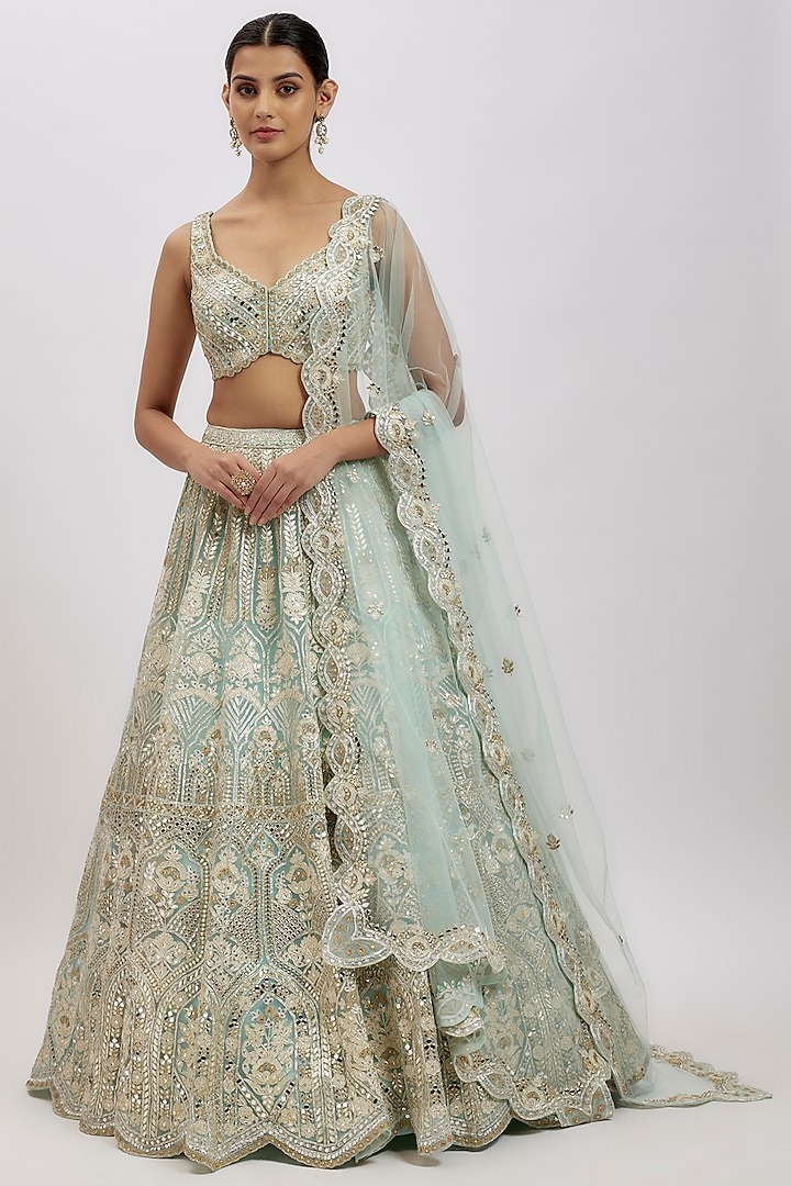 Ice Blue Net Bridal Lehenga Set by Aneesh Agarwaal at Pernia's Pop Up Shop