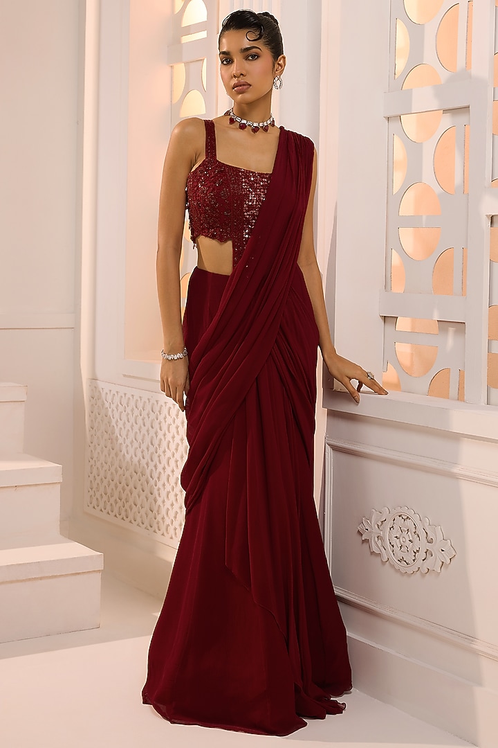 Maroon Chiffon Embellished Draped Wedding Saree Set by Aneesh Agarwaal PRET at Pernia's Pop Up Shop