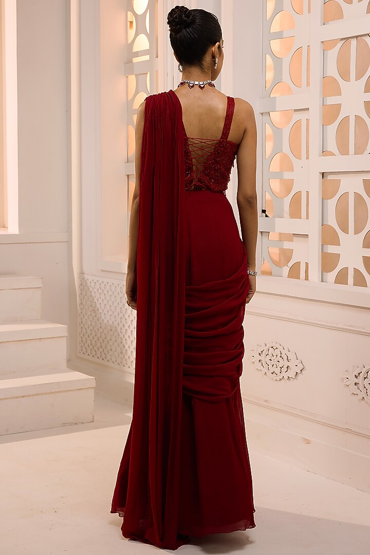 Maroon Chiffon Embellished Draped Wedding Saree Set by Aneesh Agarwaal PRET at Pernia's Pop Up Shop
