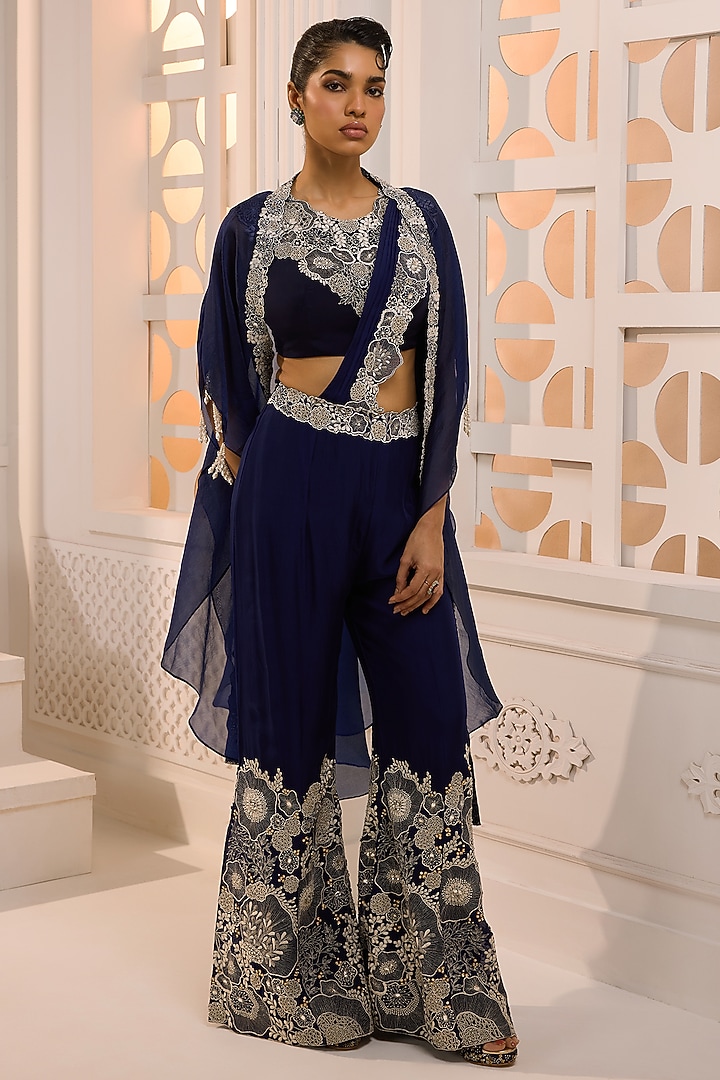 Deep Navy Organza Embroidered Cape Set by Aneesh Agarwaal PRET at Pernia's Pop Up Shop