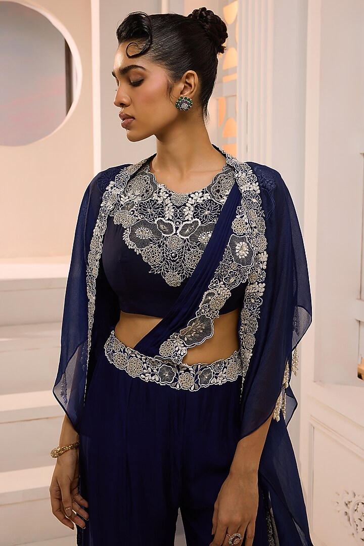 Deep Navy Organza Embroidered Cape Set by Aneesh Agarwaal PRET at Pernia's Pop Up Shop