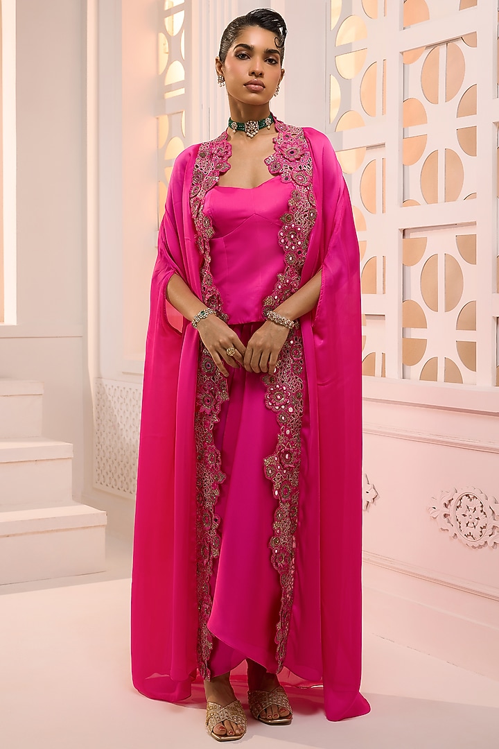 Fuchsia Satin Hand Embroidered Cape Set by Aneesh Agarwaal PRET at Pernia's Pop Up Shop