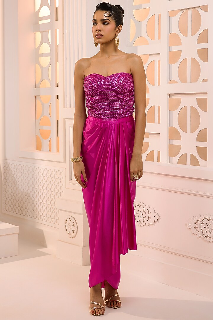 Fuchsia Satin Hand Embroidered Draped Skirt Set by Aneesh Agarwaal PRET at Pernia's Pop Up Shop