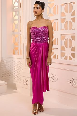 Fuchsia Satin Hand Embroidered Draped Skirt Set by Aneesh Agarwaal PRET
