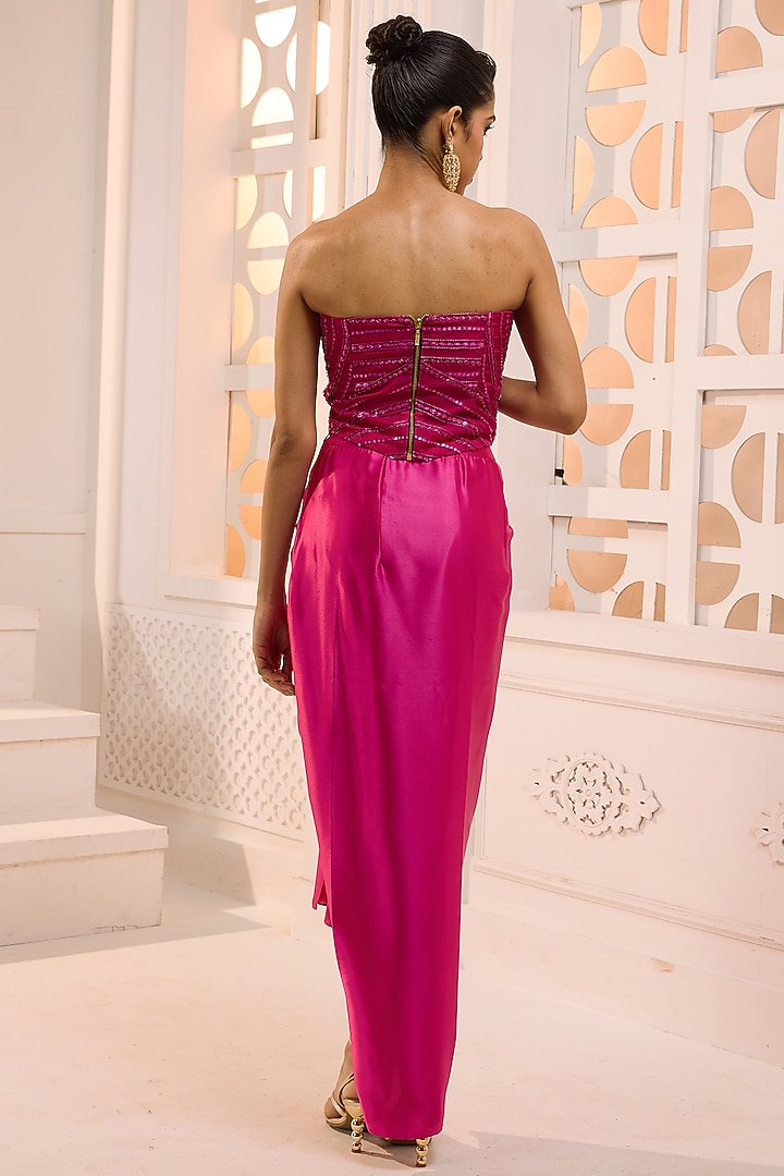 Fuchsia Satin Hand Embroidered Draped Skirt Set by Aneesh Agarwaal PRET at Pernia's Pop Up Shop
