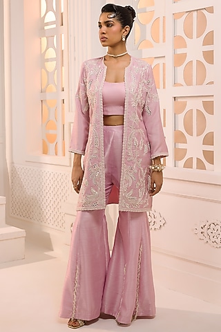 Lilac Silk Pearl Embroidered Flared Sharara Set by Aneesh Agarwaal PRET