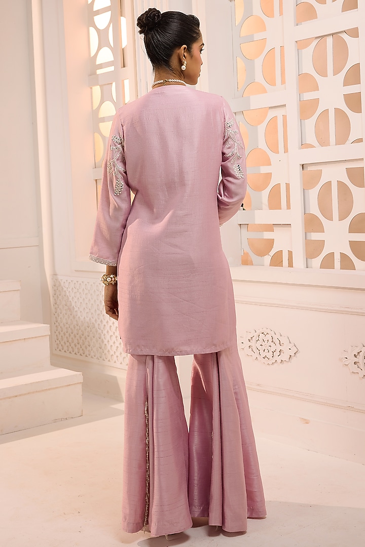 Lilac Silk Pearl Embroidered Flared Wedding Sharara Set by Aneesh Agarwaal PRET at Pernia's Pop Up Shop