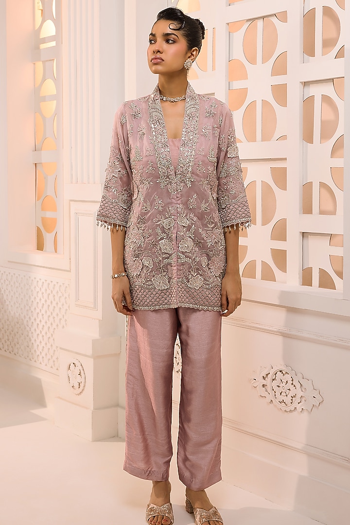 Dusty Rose Organza Floral Embellished Kurta Set by Aneesh Agarwaal PRET at Pernia's Pop Up Shop