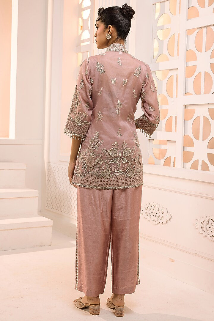 Dusty Rose Organza Floral Embellished Kurta Set by Aneesh Agarwaal PRET at Pernia's Pop Up Shop