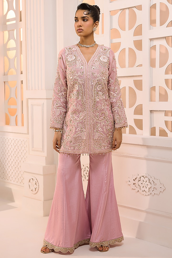 Blush Pink Organza Hand Embroidered Flared Wedding Sharara Set by Aneesh Agarwaal PRET at Pernia's Pop Up Shop
