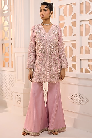 Blush Pink Organza Hand Embroidered Flared Sharara Set by Aneesh Agarwaal PRET