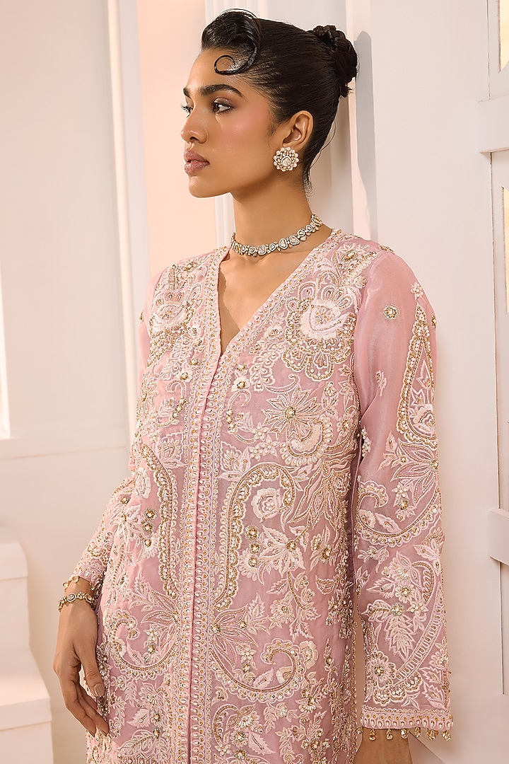 Blush Pink Organza Hand Embroidered Flared Wedding Sharara Set by Aneesh Agarwaal PRET at Pernia's Pop Up Shop