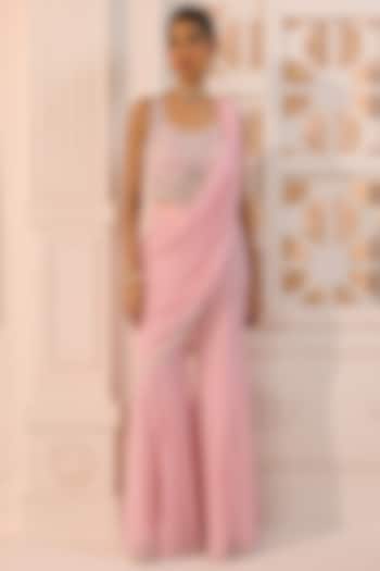 Baby Pink Shimmer Chiffon Hand Embroidered Draped Pant Wedding Saree Set by Aneesh Agarwaal PRET at Pernia's Pop Up Shop