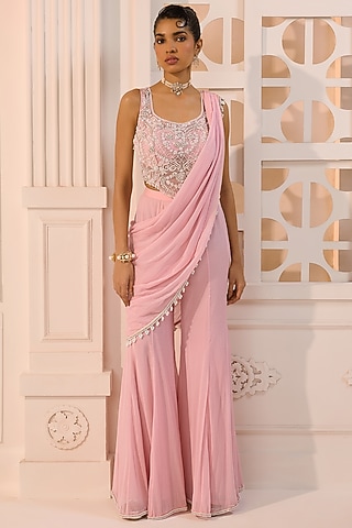 Baby Pink Shimmer Chiffon Hand Embroidered Draped Pant Saree Set by Aneesh Agarwaal PRET