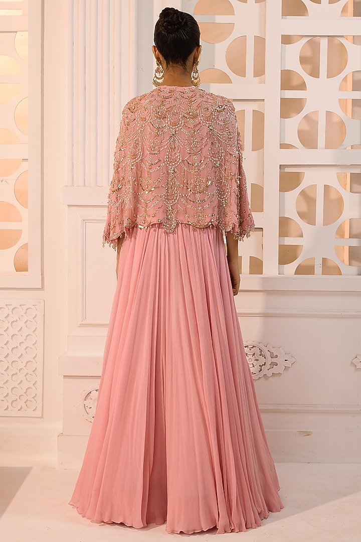 Rose Pink Crinkle Chiffon Hand Embroidered Cape Set by Aneesh Agarwaal PRET at Pernia's Pop Up Shop