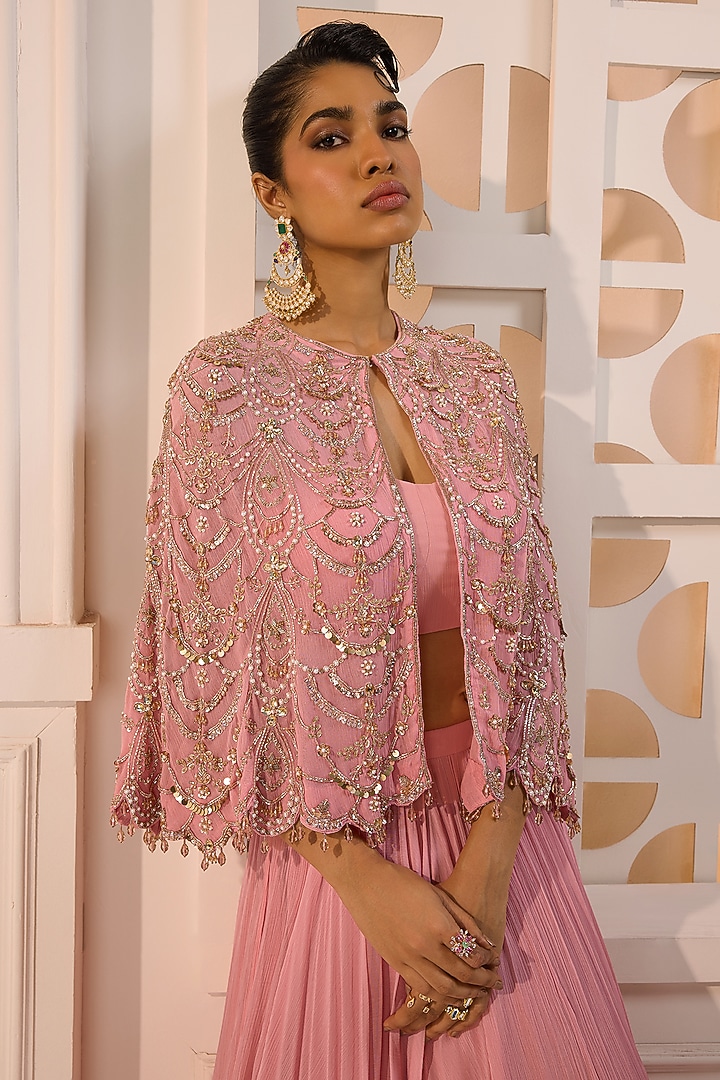 Rose Pink Crinkle Chiffon Hand Embroidered Cape Set by Aneesh Agarwaal PRET at Pernia's Pop Up Shop