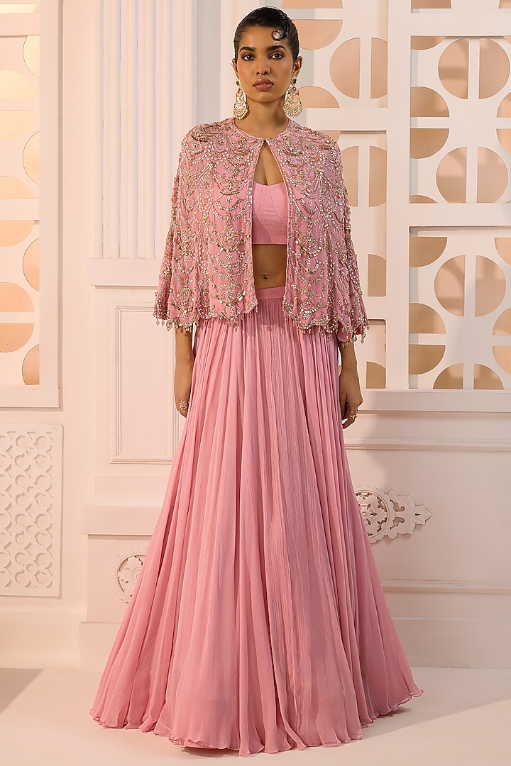 Rose Pink Crinkle Chiffon Hand Embroidered Cape Set by Aneesh Agarwaal PRET at Pernia's Pop Up Shop