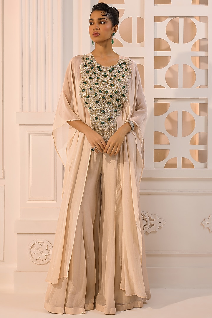 Ivory Beige Organza Hand Embroidered Cape Set by Aneesh Agarwaal PRET at Pernia's Pop Up Shop