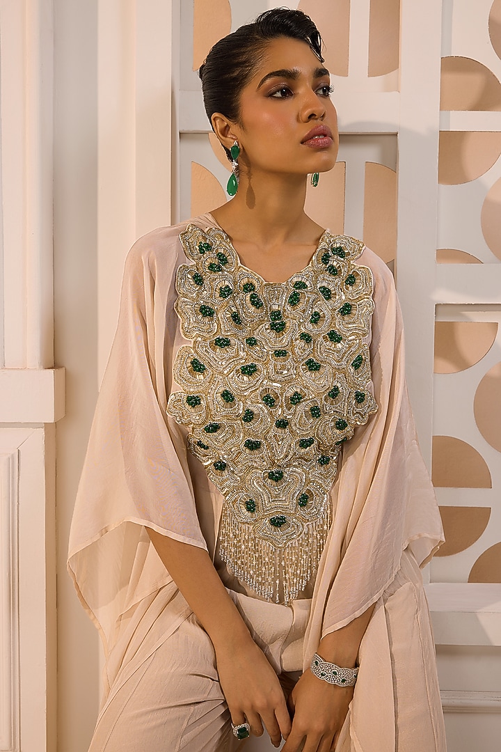 Ivory Beige Organza Hand Embroidered Cape Set by Aneesh Agarwaal PRET at Pernia's Pop Up Shop
