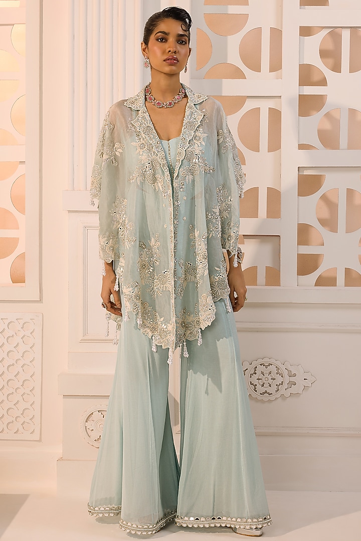 Light Blue Organza Floral Hand Embroidered Cape Set by Aneesh Agarwaal PRET at Pernia's Pop Up Shop