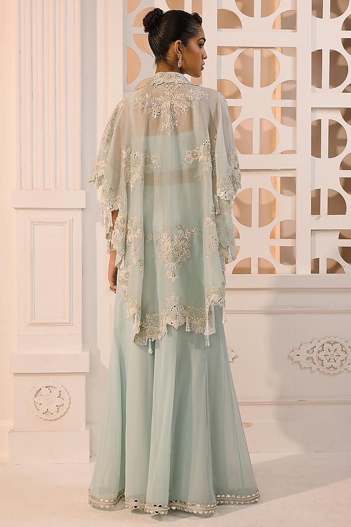Light Blue Organza Floral Hand Embroidered Cape Set by Aneesh Agarwaal PRET at Pernia's Pop Up Shop